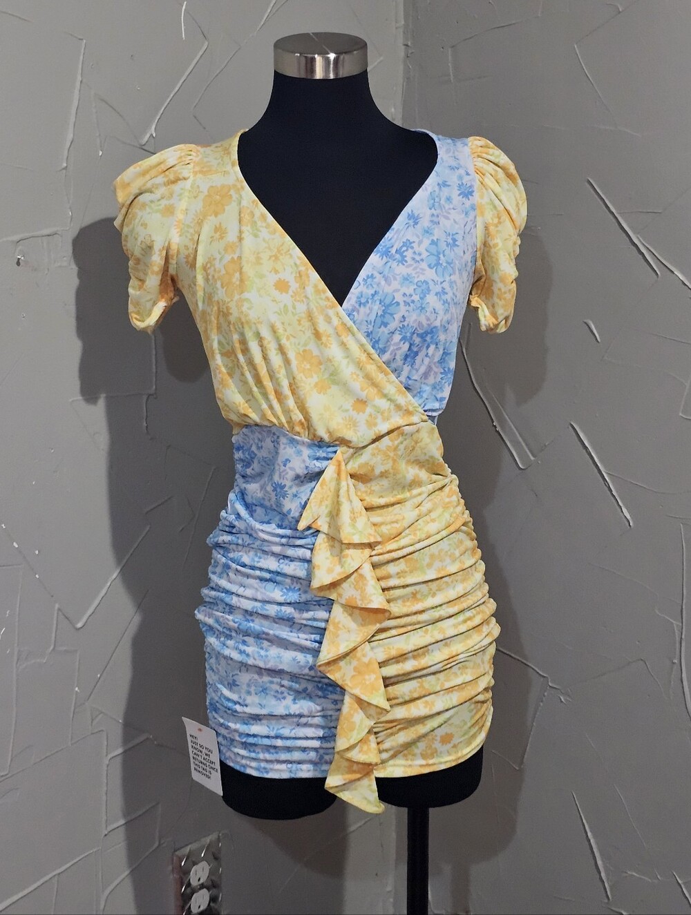 ASOS Yellow & Blue Floral Ruffle Wrap Mini Dress